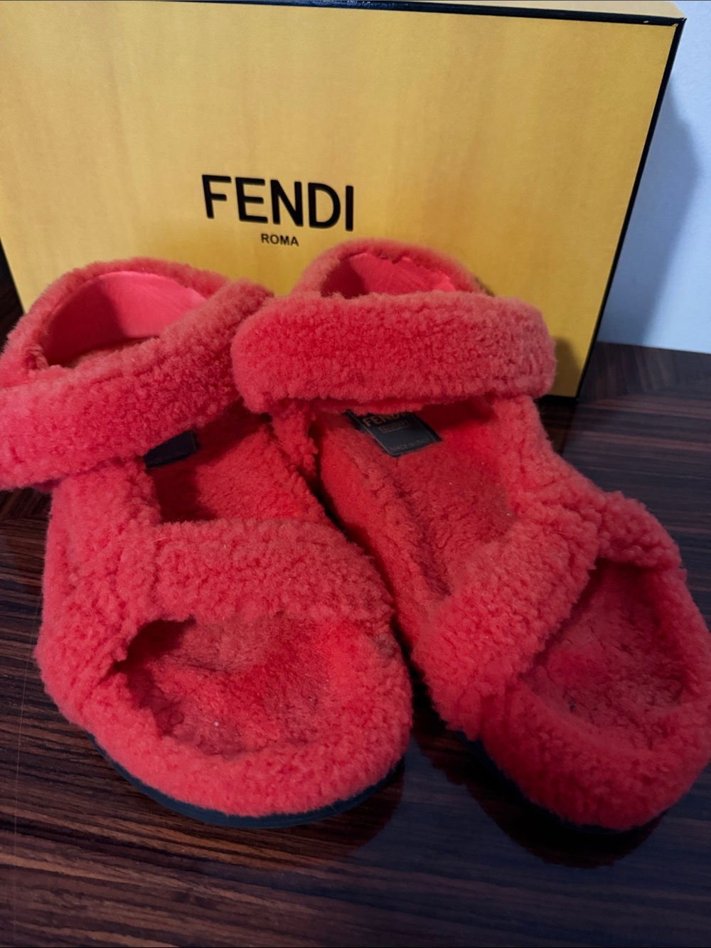 Fendi Coral-Red Shearling Slide Sandals